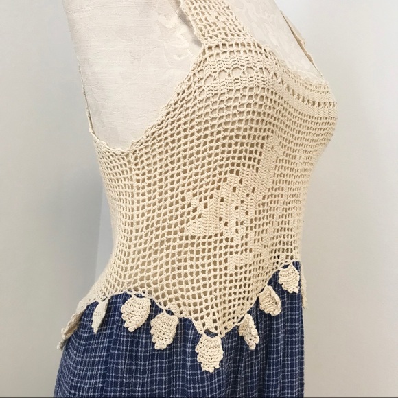 Vintage 70s Boho Crochet Top Print Midi Dress - Picture 10 of 11